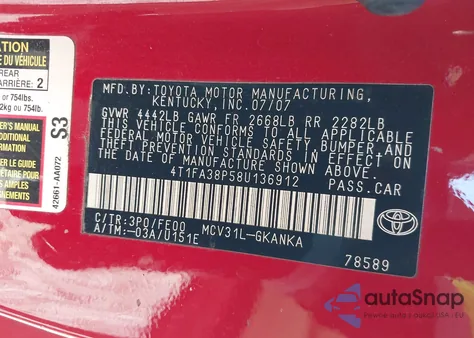 2008 Toyota Camry Solara Se from USA, damaged, VIN 4T1FA38P58U136912